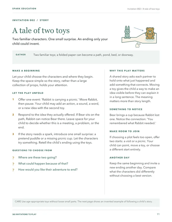 An inside page: A tale of two toys, with an invitation, optional questions and ways to join in