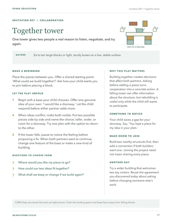 Together tower: building with blocks and making room for another person's idea