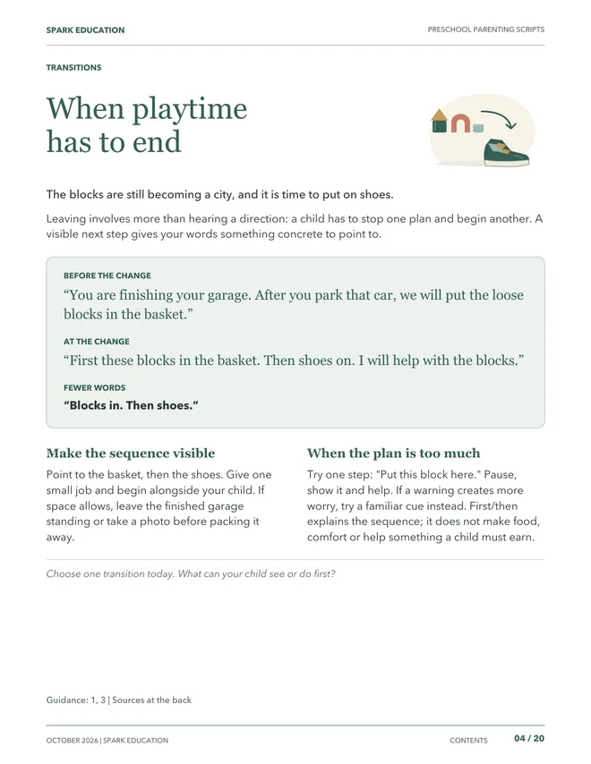 A transition your child can follow: sample page from Preschool Parenting Scripts