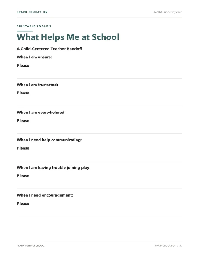 What helps at school: sample page from The Printable Toolkit