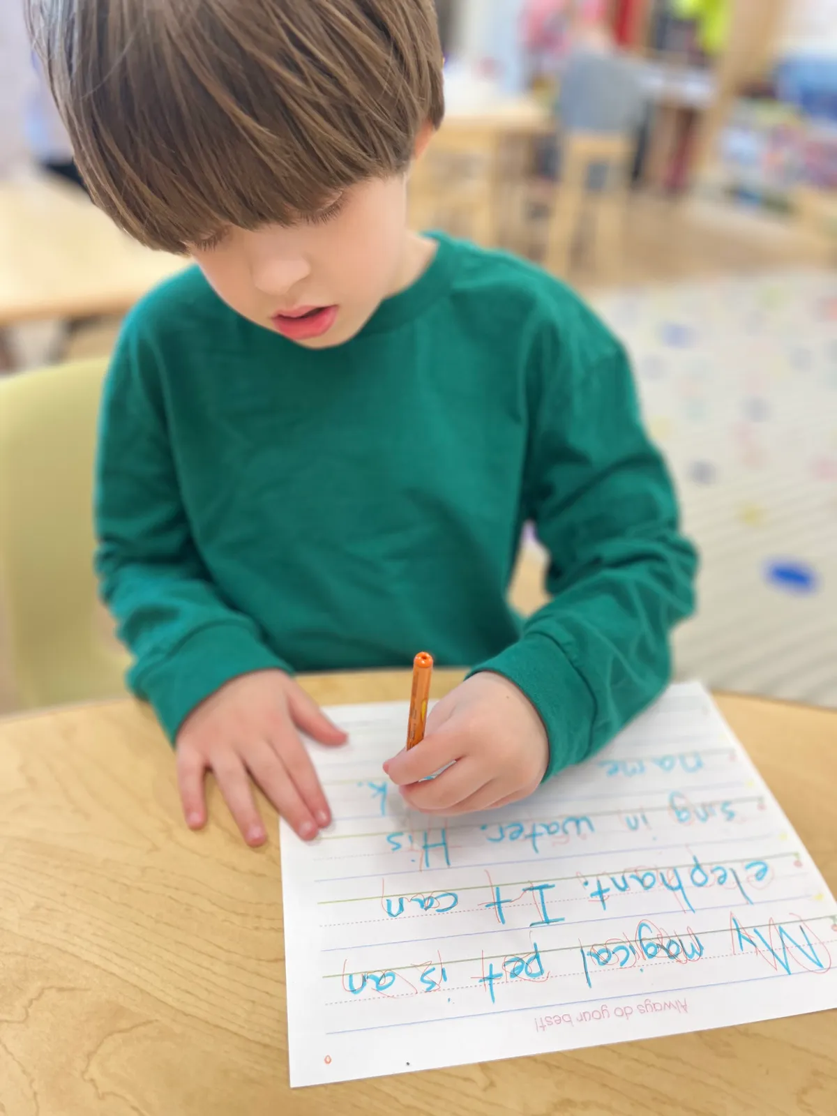 Child writing complete sentences during a literacy activity at Spark Academy